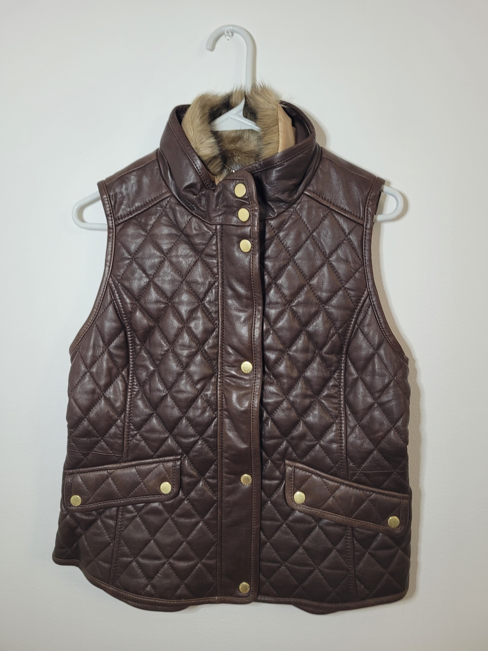 Talbots Petites Brown Leather Quilted Vest W/ Faux Fur Collar Size MP BNWT